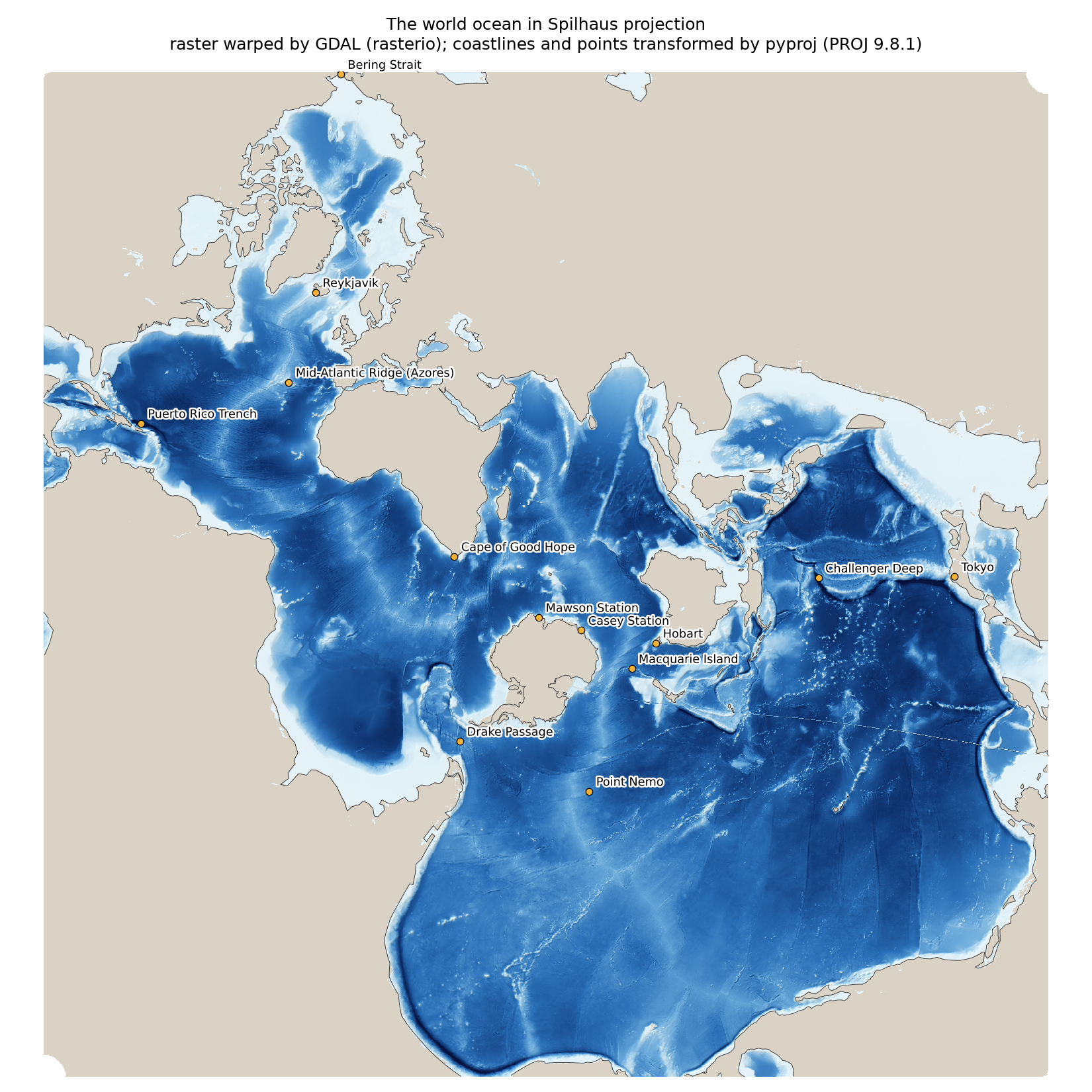 The world ocean in the Spilhaus projection, from the Python notebook