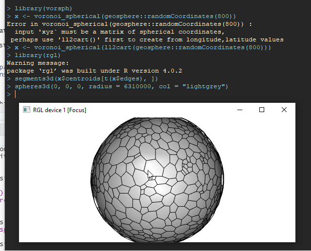 R console and Voronoi sphere plot